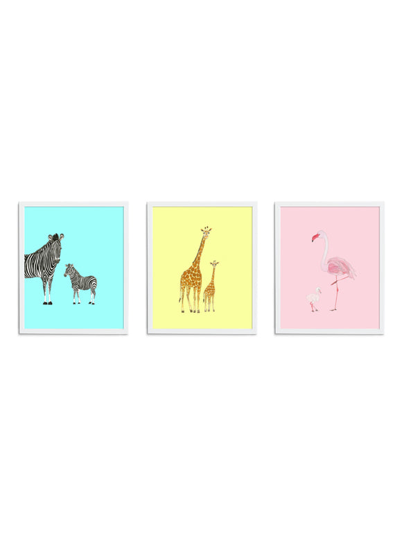 Bright Safari Gift Set - Blue Zebra, Yellow Giraffe, Pink Flamingo Art Prints with White Frames
