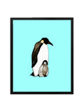 Blue Emperor Penguin Dad and Baby Art Print in Black Frame