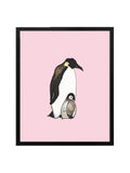 Pink Emperor Penguin Dad and Baby Art Print in Black Frame