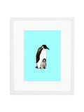 Blue Emperor Penguin Dad and Baby Art Print in White Frame with Mat