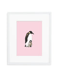 Pink Emperor Penguin Dad and Baby Art Print in White Frame with Mat