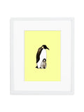 Yellow Emperor Penguin Dad and Baby Art Print in White Frame with Mat