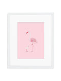 Pink Flamingo Mom and Baby Art Print in White Frame with Mat