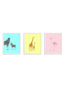 Bright Safari Gift Set - Blue Zebra, Yellow Giraffe, Pink Flamingo Art Prints with White Frames