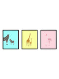 Bright Safari Gift Set - Blue Zebra, Yellow Giraffe, Pink Flamingo Art Prints with Black Frames
