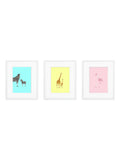 Bright Safari Gift Set - Blue Zebra, Yellow Giraffe, Pink Flamingo Art Prints with Frames and Mats