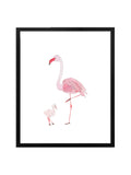 Flamingo Mom and Baby Art Print on White Background in Black Frame