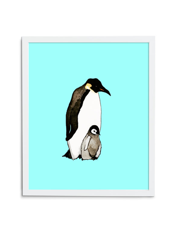 Blue Emperor Penguin Dad and Baby Art Print in White Frame