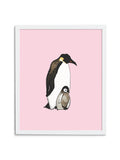 Pink Emperor Penguin Dad and Baby Art Print in White Frame