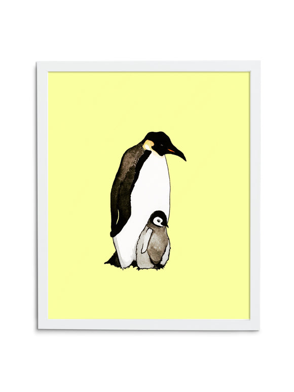 Yellow Emperor Penguin Dad and Baby Art Print in White Frame
