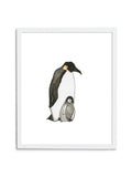 White Emperor Penguin Dad and Baby Art Print in White Frame
