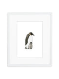 White Emperor Penguin Dad and Baby Art Print in White Frame with Mat
