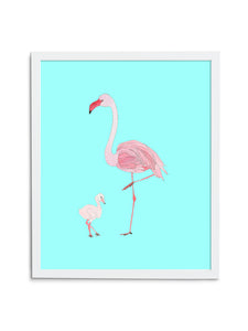 Blue Flamingo Mom and Baby Art Print in White Frame