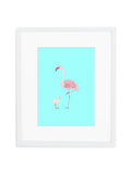 Blue Flamingo Mom and Baby Art Print in White Frame with Mat