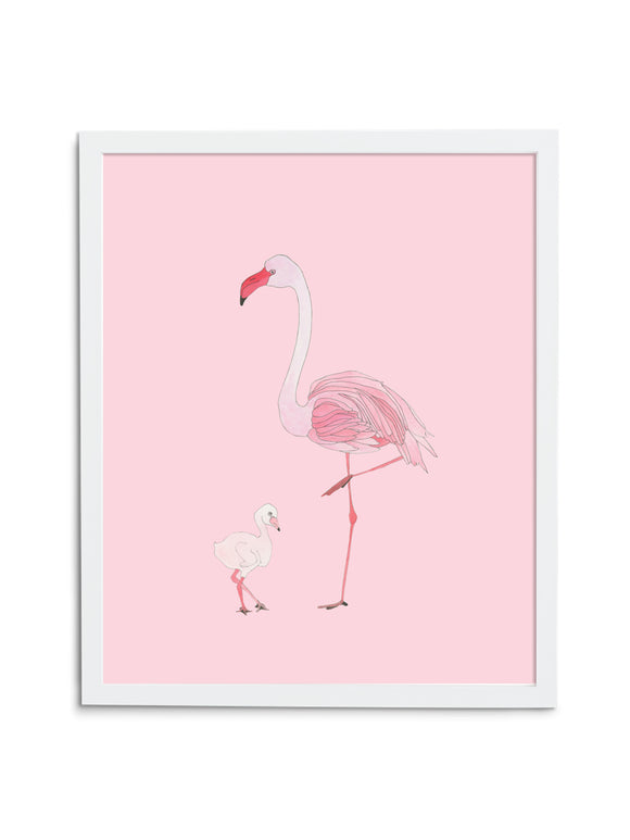 Pink Flamingo Mom and Baby Art Print in White Frame