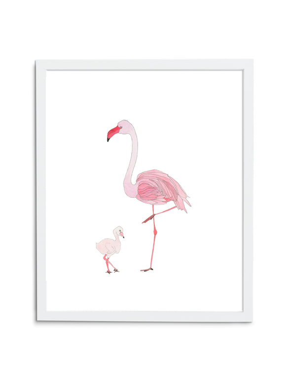 Flamingo Mom and Baby Art Print on White Background in White Frame