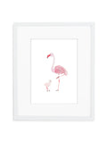 Flamingo Mom and Baby Art Print on White Background in White Frame with Mat