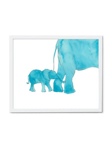 Elephant Mom and Baby Art Print in White Frame