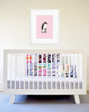 Pink Emperor Penguin Dad and Baby Art Print Hanging Over Baby Crib