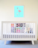 Blue Flamingo Mom and Baby Art Print in White Frame Hanging Over Baby Crib
