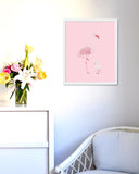 Pink Flamingo Mom and Baby Art Print in White Frame Hanging in Nursery