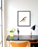 White Finch Art Print in Black Frame Hanging in Beautiful Office Space
