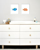 White Triggerfish and Clownfish Art Prints on Modern Nursery Wall