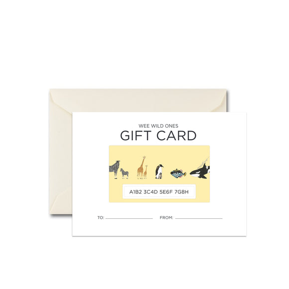 Wee Wild Ones Digital Gift Card Showing 5 Animals on Yellow Background
